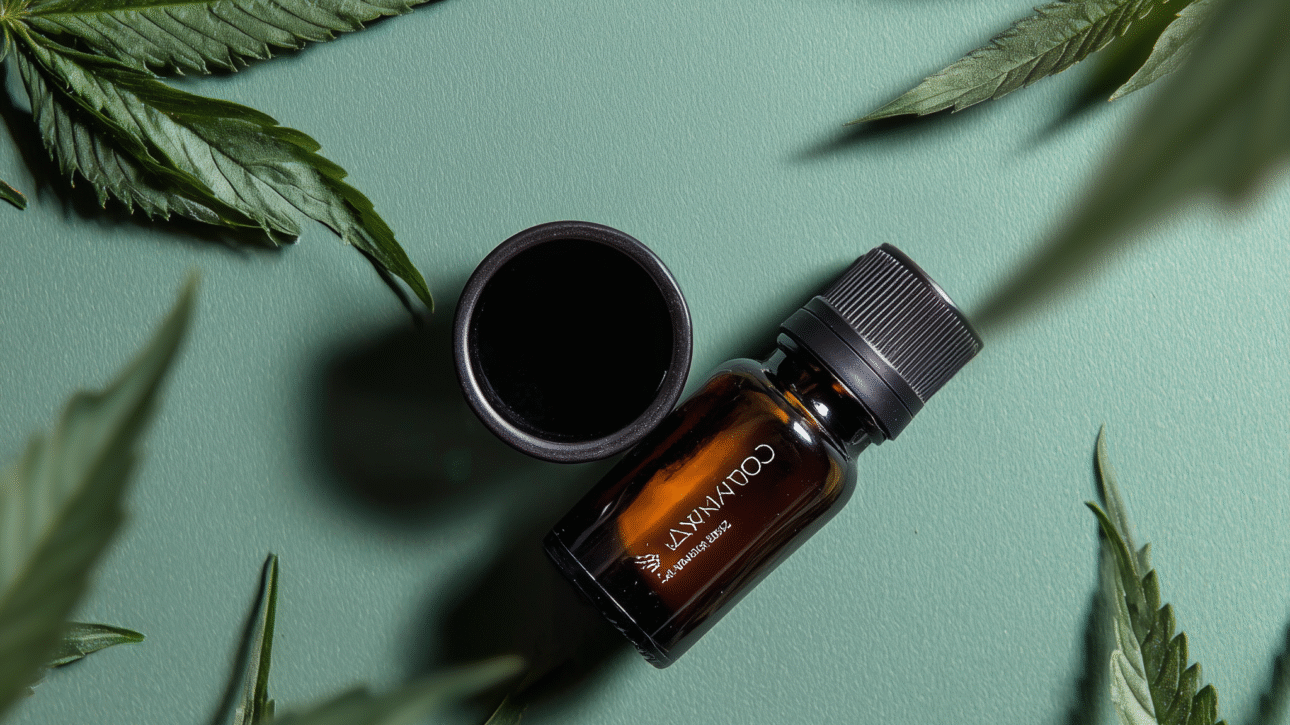 Frasco de óleo de cannabis medicinal em fundo verde com folhas naturais, simbolizando alívio da dor crônica e equilíbrio do corpo — imagem de Danielle Tariana.