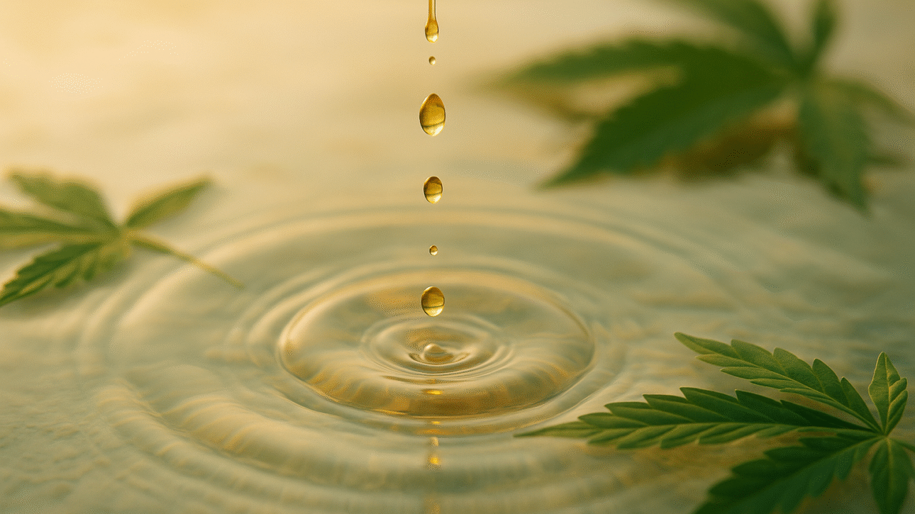 Gotas douradas caem sobre a água calma, criando leve movimento e sensação de alívio, enquanto folhas sutis remetem à cannabis medicinal de forma poética e natural — imagem de Danielle Tariana.