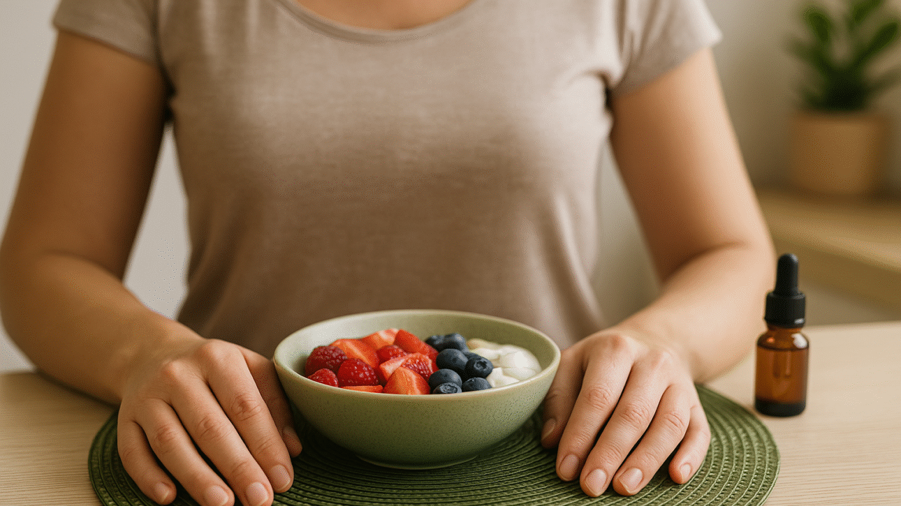 Mãos femininas diante de uma tigela organizada com frutas, com frasco de CBD desfocado ao fundo, representando controle alimentar e apoio terapêutico da cannabis medicinal.
