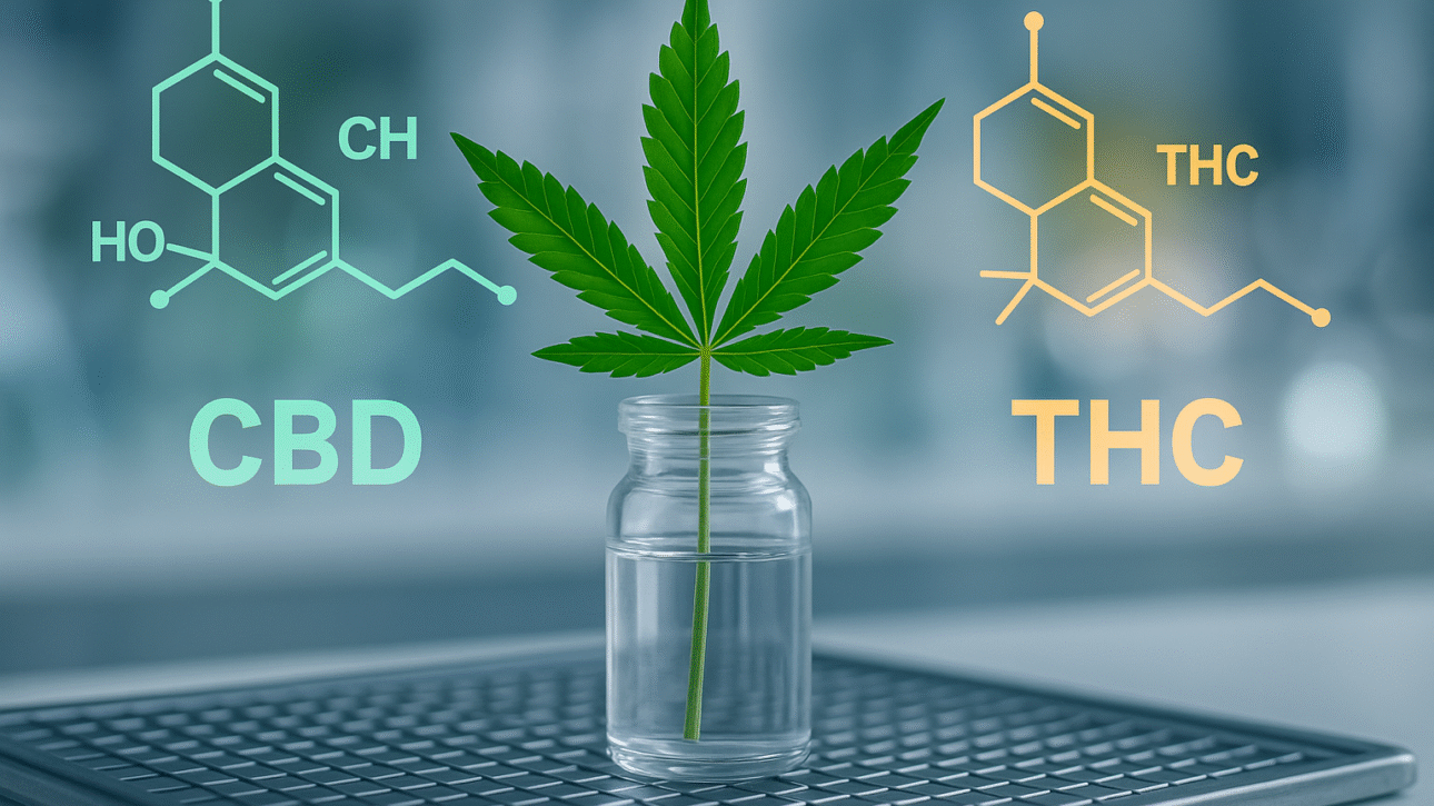 Folha de cannabis em frasco de vidro com moléculas coloridas de CBD e THC flutuando ao fundo em ambiente de laboratório, simbolizando o equilíbrio e a complementaridade entre os compostos da cannabis medicinal — imagem de Danielle Tariana.