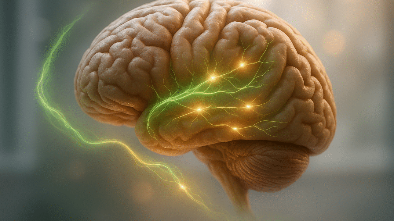 Cérebro humano realista iluminado por conexões neurais em tons de verde e dourado, simbolizando o sistema endocanabinoide em ação e a influência equilibradora da cannabis medicinal.